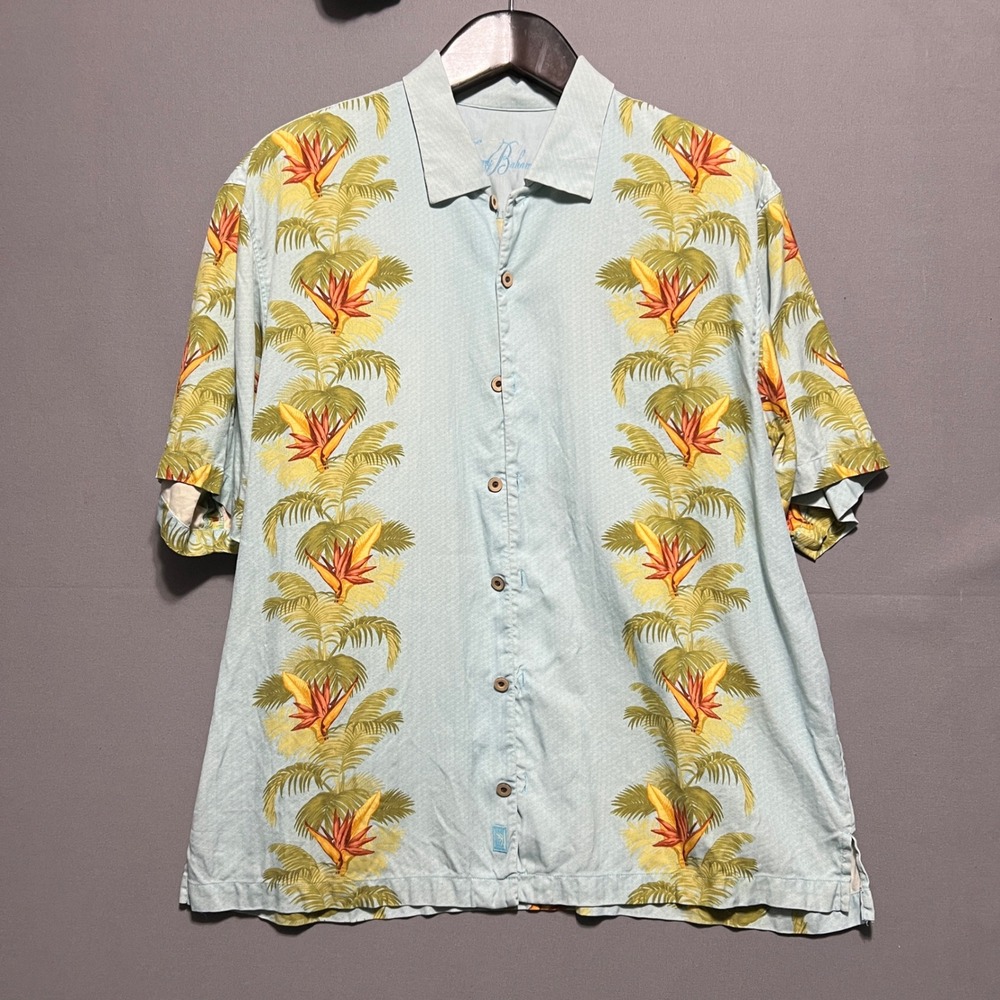 Tommy Bahama Mens XL Silk Shirt Blue Bird of Paradise Palm Tropical Camp Button
